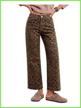 Wide Leg Ankle Jeans High Rise Stretch Denim Animal Print Pants
